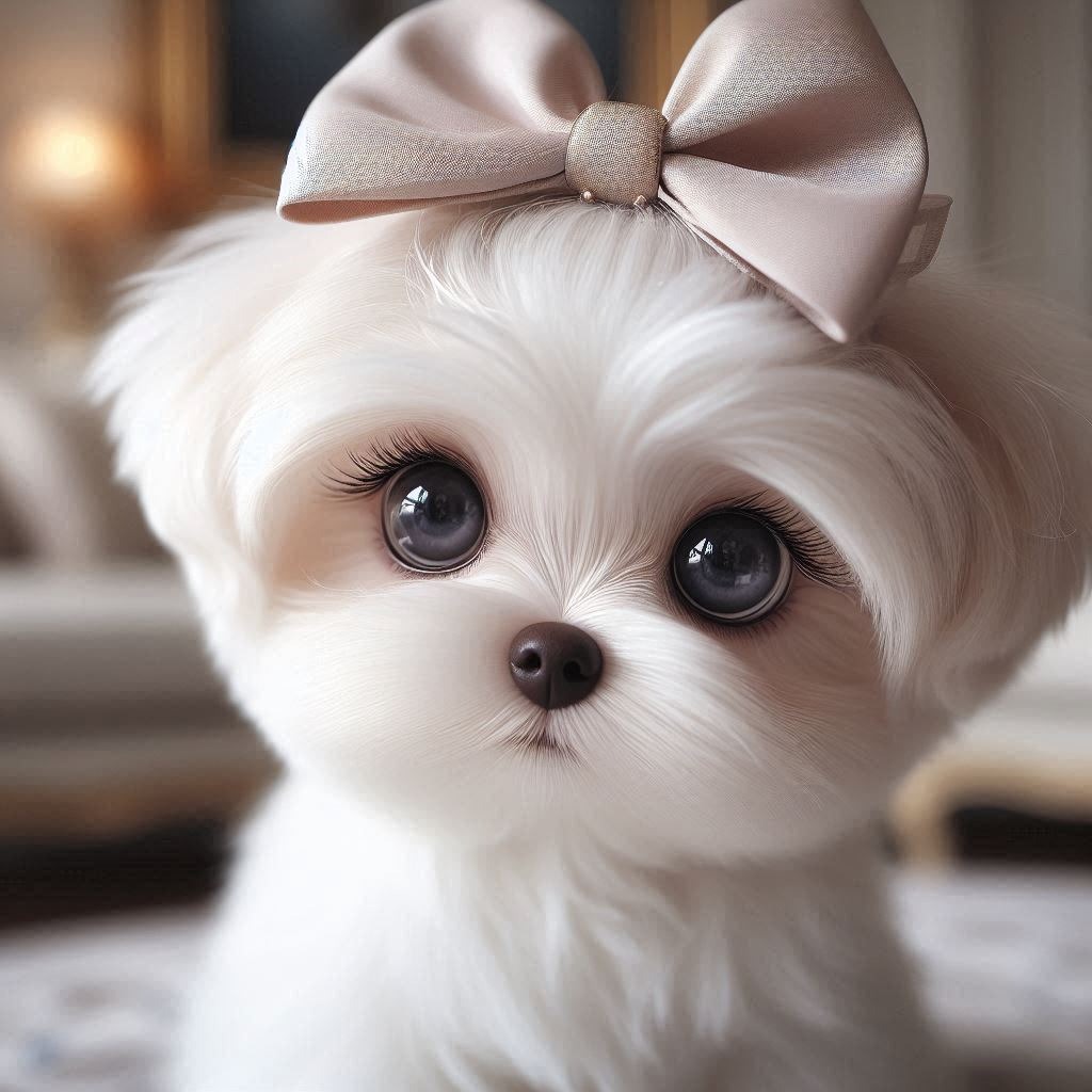 Adorable extreme babydoll Korean Maltese puppy with big eyes and pink bow